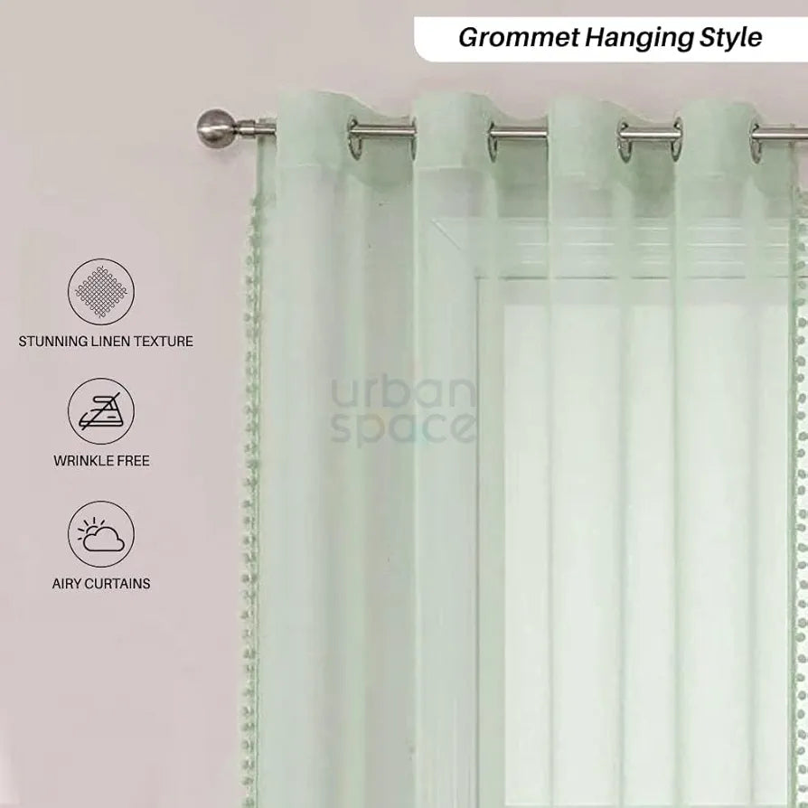Urban Space Linen Textured Sheer Curtain for Door, 35-40% Room Darkening, Decorative Curtains with Tieback, Eyelets Hanging Style, Set of 2 Curtains - Mint Green with pom pom 