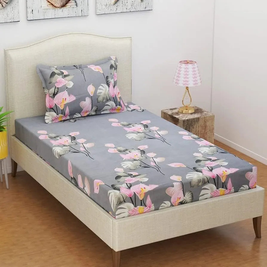 BSB HOME 220 Tc Premium Forever Modern Style Glace Cotton Floral Luxurious Beautiful Soft Comfort Designer Floral Pattern 1 Single Size Bed Bedsheet and 1 Pillow Cover-Grey & Pink Flower
