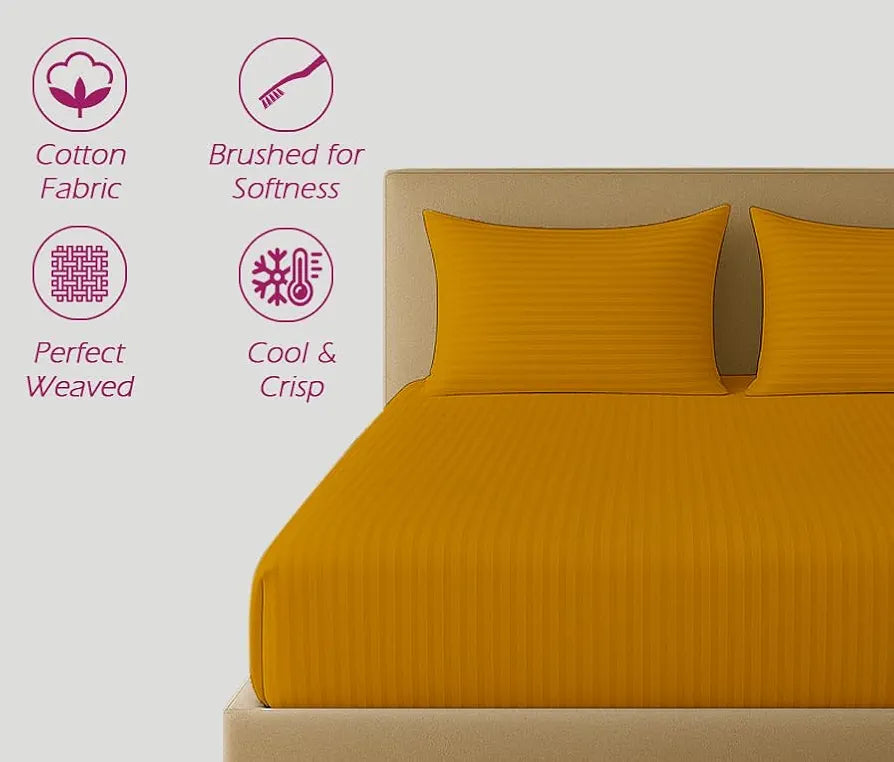 Trance Home Linen 100% Cotton 78x60 inch Queen Fitted 200TC Satin Stripe Elastic Fitted Bedsheet | Daily Use Double Bed Fitted Bedspread with 2 Pillow Covers 