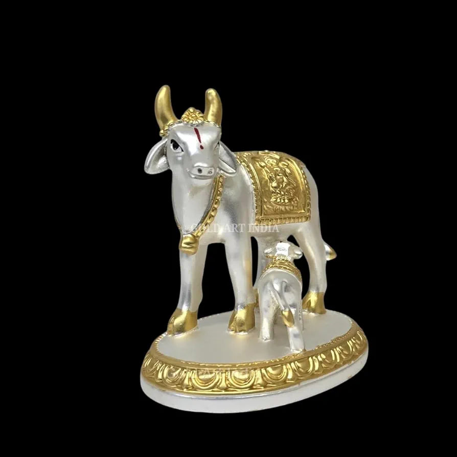 Gold Art India Kamdhenu Cow with Calf Idol Gold Silver Plated with Matte Finish | Home Decor Gaay Bachda Cow |Calf for Vastu | Positive Energy | Wealth Idol Diwali Puja | Housewarming 3.1 Inch