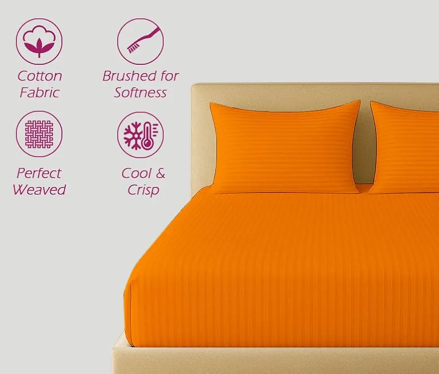 Trance Home Linen 100% Cotton 78x60 inch Queen Fitted 200TC Satin Stripe Elastic Fitted Bedsheet | Daily Use Double Bed Fitted Bedspread with 2 Pillow Covers 