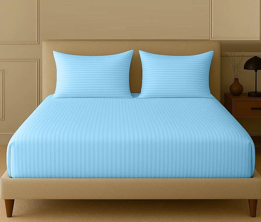 Trance Home Linen 100% Cotton 78x60 inch Queen Fitted 200TC Satin Stripe Elastic Fitted Bedsheet | Daily Use Double Bed Fitted Bedspread with 2 Pillow Covers 