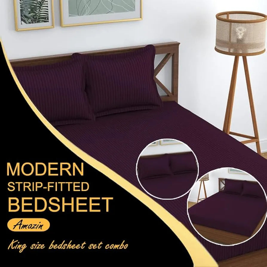 FRESH FROM LOOM 240 TC Satin Striped Elastic Fitted Bed Sheets King Size Bed with Two Pillow Cover|Soft Bed Covers for Mattresses Tuck in|Fitted 