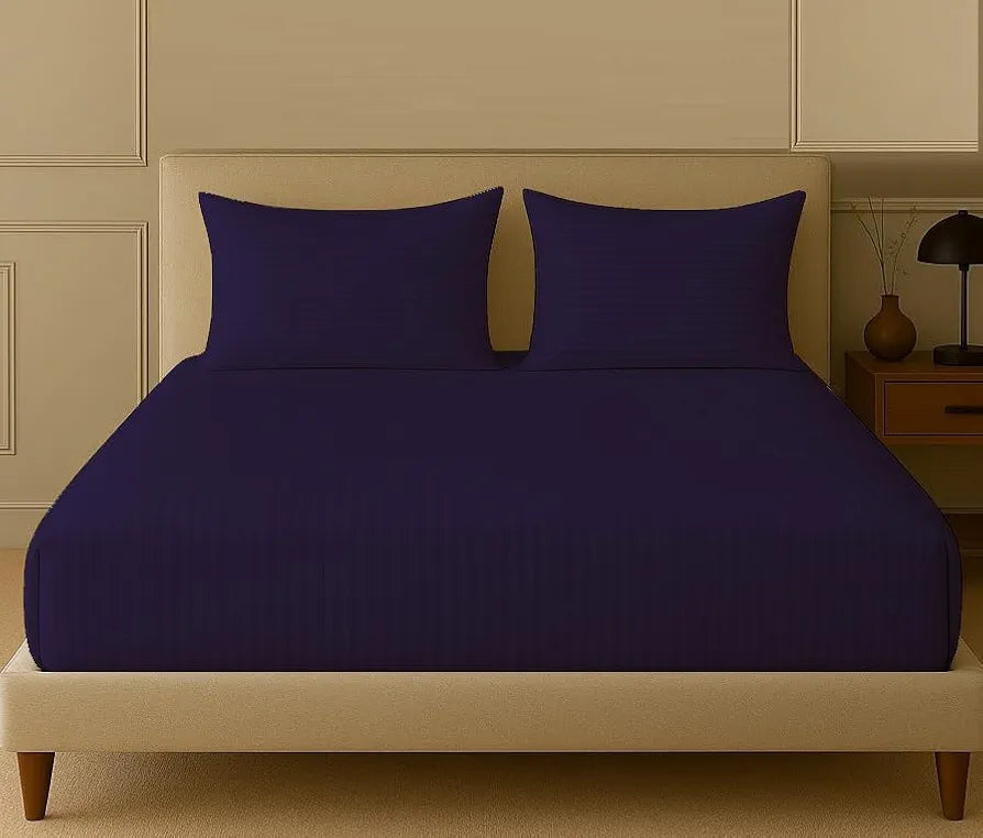 Trance Home Linen 100% Cotton 78x66 inch 200TC Satin Stripe Elastic Fitted Bedsheet | Daily Use Double Bed Fitted Bedspread with 2 Pillow Covers 