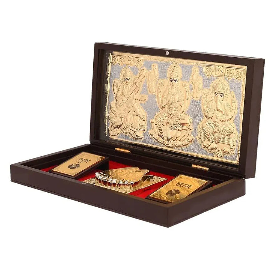 JAIPUR ACE Gold Plated Laxmi Ganesh Saraswati Charan Paduka Yantra | Devotional Prayer Box | Wooden Momento Decorative Showpiece Box Packing | Diwali Gifting Charan Paduka