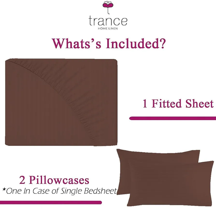 Trance Home Linen 100% Cotton 78x60 inch Queen Fitted 200TC Satin Stripe Elastic Fitted Bedsheet | Daily Use Double Bed Fitted Bedspread with 2 Pillow Covers 