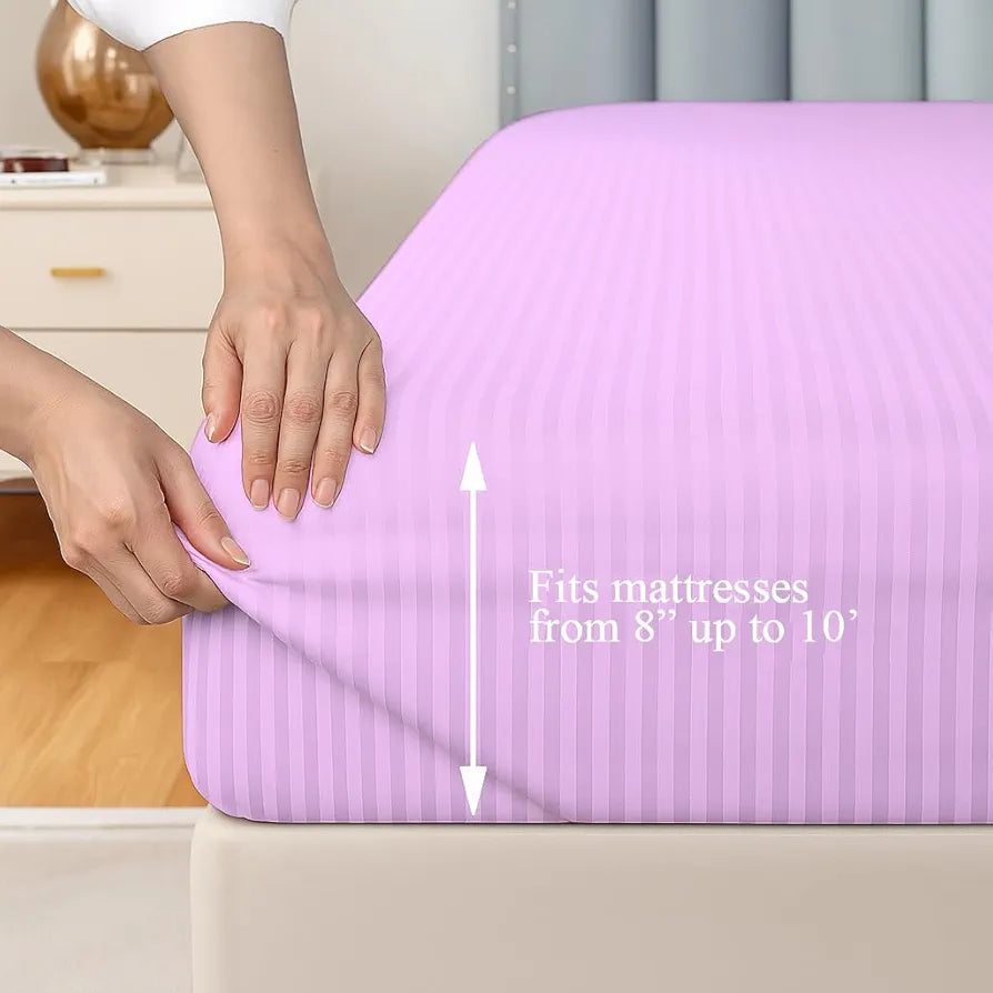 Trance Home Linen 100% Cotton 78x72 inch King Fitted 200TC Satin Stripe Elastic Fitted Bedsheet | Bedroom Hotels Daily Use Fitted Bedspread with 2 Pillow Covers 