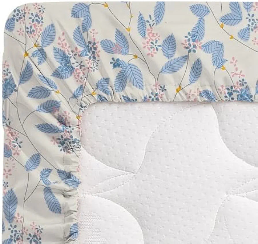220 TC Premium Cotton Elastic Fitted Bedsheets with 2 Pillow Covers|Double Bed with Corner Elastic Wrinkelfree Supersoft Floral Pattren Breathable |Size-72 x 68 + 6 inches|White & Blue