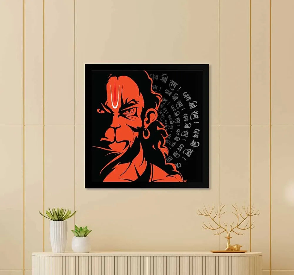 ArtX Hanuman Ji With Mantra Big Canvas Painting For Living Room With Frame, Multicolour, Square, 24.0 x 24.0 inch, 2x2 Feet, Set Of 1