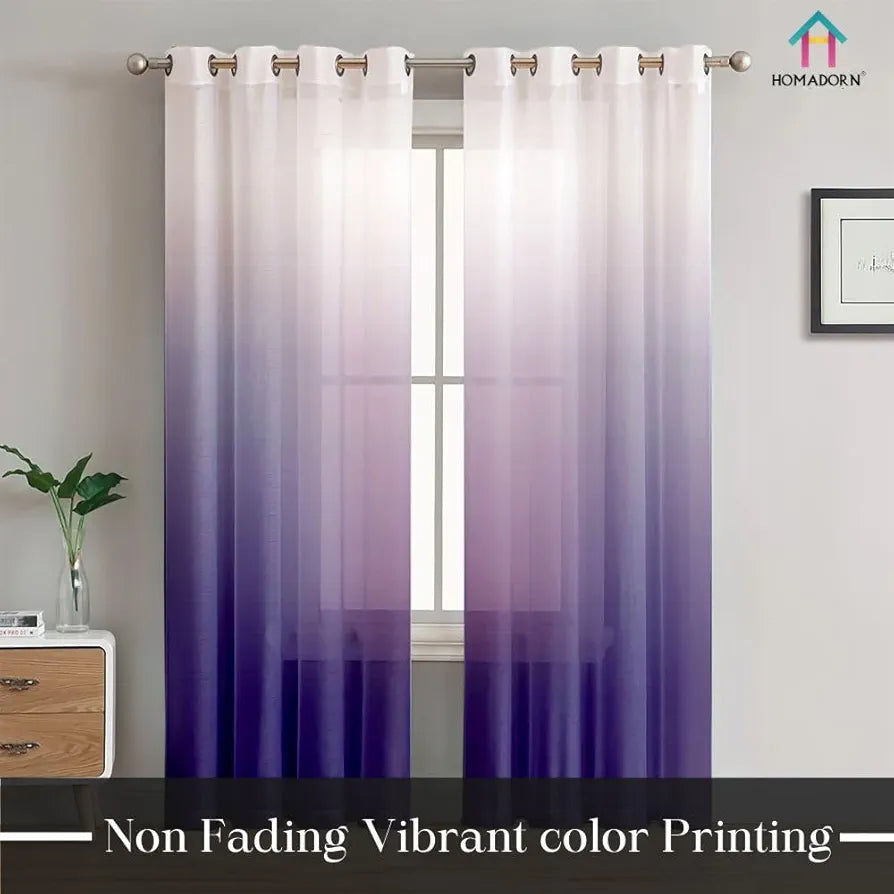 HOMADORN Ombre Printed Linen Textured Sheer Curtains for Living Room, Bedroom, Dining Room, Kitchen, Bathroom 