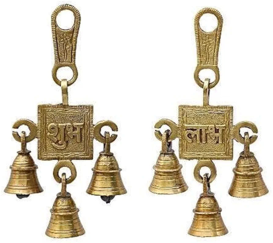 UAPAN MetalCraftT Brass Shubh Labh Hanging Bells Set I Hanging Bells for Home Decor I Wall Decor I Ghanti for Pooja I Pack of 2