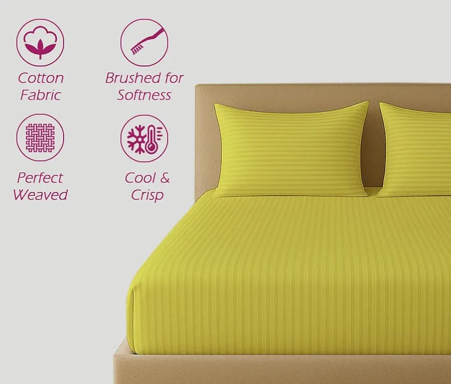 Trance Home Linen 100% Cotton 78x72 inch King Fitted 200TC Satin Stripe Elastic Fitted Bedsheet | Bedroom Hotels Daily Use Fitted Bedspread with 2 Pillow Covers 