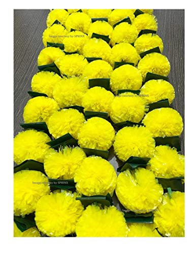 SPHINX Artificial Marigold Fluffy Flowers Garlands for Decoration - Pack of 5 (Yellow with Green Leaves, 5 ft)
