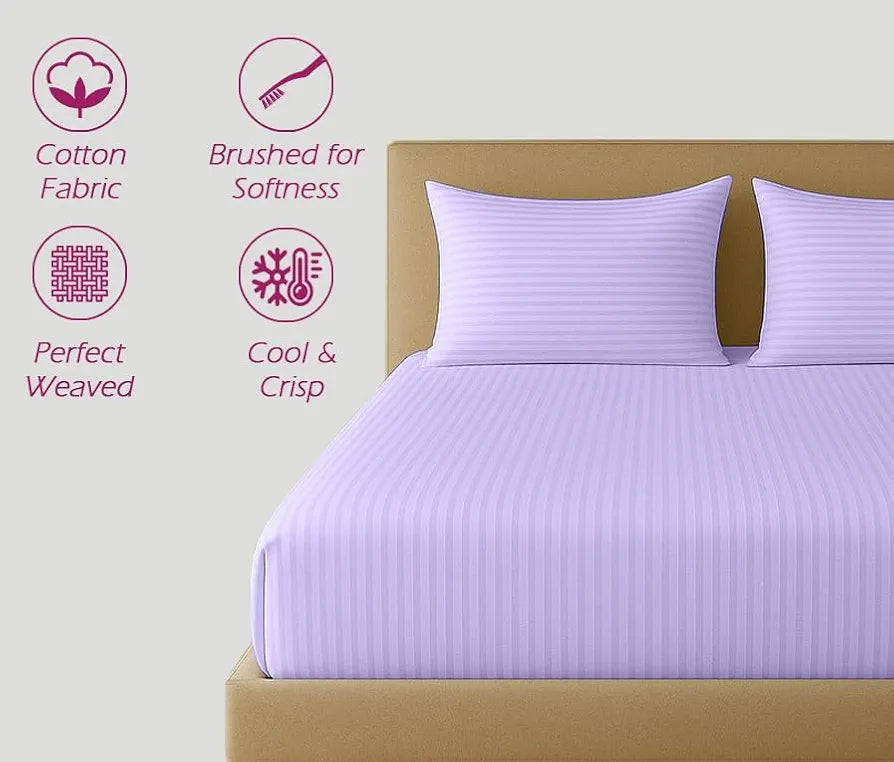 Trance Home Linen 100% Cotton 78x72 inch King Fitted 200TC Satin Stripe Elastic Fitted Bedsheet | Bedroom Hotels Daily Use Fitted Bedspread with 2 Pillow Covers 