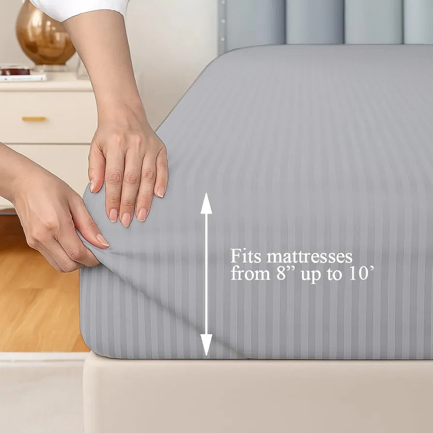 Trance Home Linen 100% Cotton 78x66 inch 200TC Satin Stripe Elastic Fitted Bedsheet | Daily Use Double Bed Fitted Bedspread with 2 Pillow Covers 