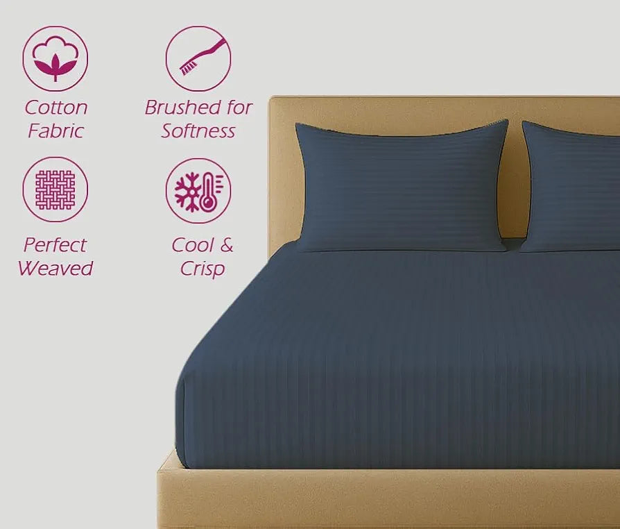 Trance Home Linen 100% Cotton 78X72 Inch King Fitted 200Tc Satin Stripe Elastic Fitted Bedsheet|Bedroom Hotels Daily Use Fitted Bedspread With 2 Pillow Covers 