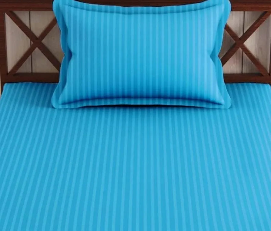 Trance Home Linen 100% Cotton 78x36 inch Single Fitted 200TC Satin Stripe Elastic Bedsheet | Single Bed Size Daily use Fitted Bedspread with 1 Pillow Cover 