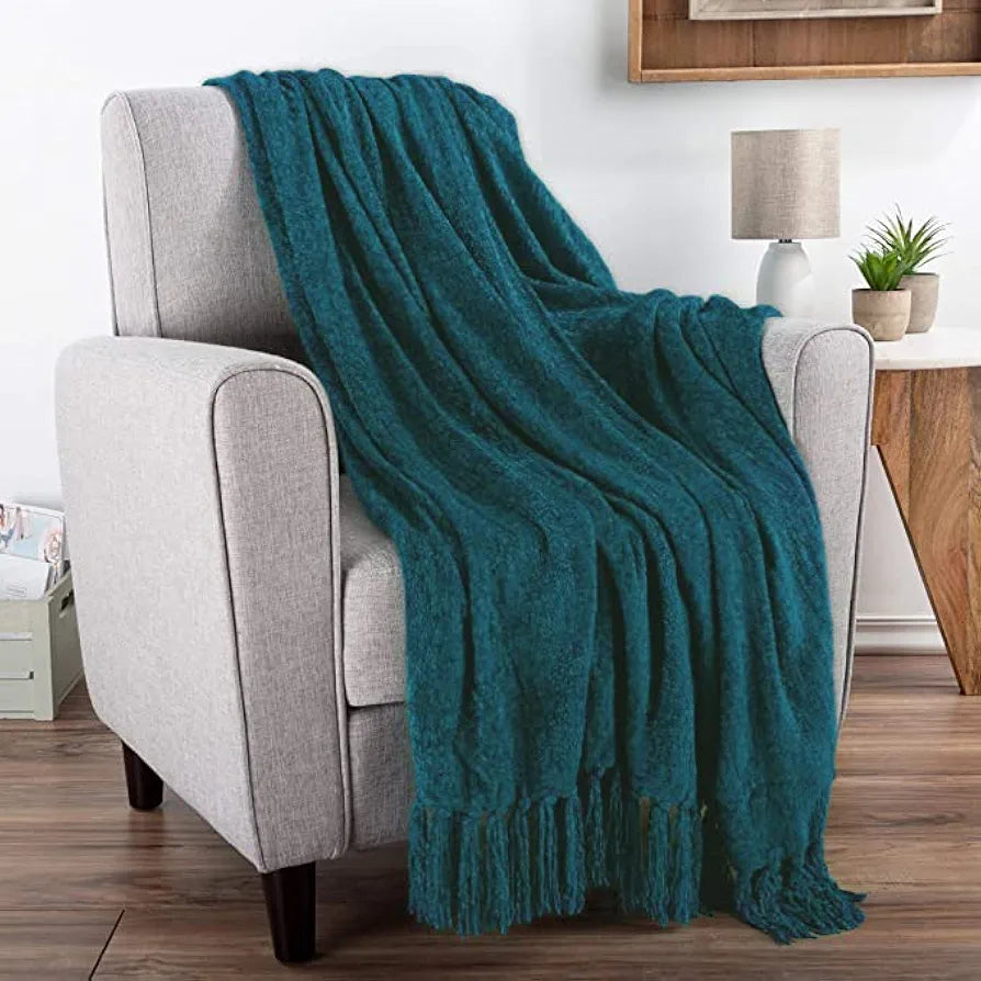Cazimo Soft Chenille Premium Throw Blanket with Tassel Fringe, Fade Resistant, All Seasons,Ultra-Soft for Decorative Sofa & Bed Cover, Chair & Travel, 60x50 Inches, Pack of 1, Teal Green