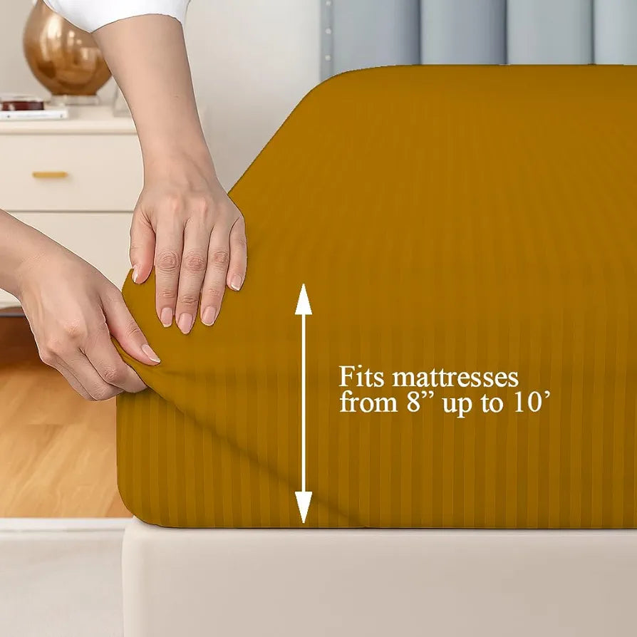 Trance Home Linen 100% Cotton 78x60 inch Queen Fitted 200TC Satin Stripe Elastic Fitted Bedsheet | Daily Use Double Bed Fitted Bedspread with 2 Pillow Covers 