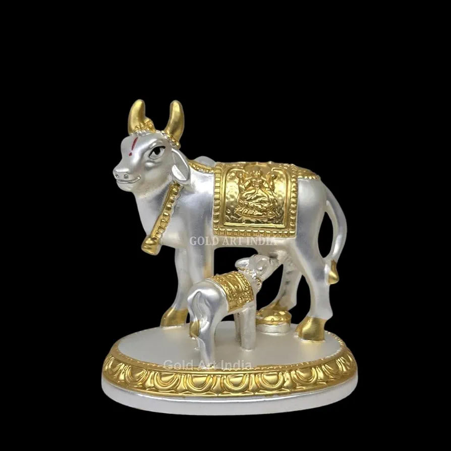 Gold Art India Kamdhenu Cow with Calf Idol Gold Silver Plated with Matte Finish | Home Decor Gaay Bachda Cow |Calf for Vastu | Positive Energy | Wealth Idol Diwali Puja | Housewarming 3.1 Inch