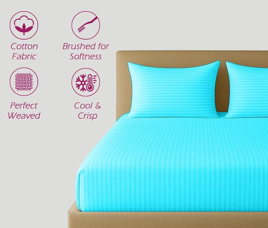 Trance Home Linen 100% Cotton 78x60 inch Queen Fitted 200TC Satin Stripe Elastic Fitted Bedsheet | Daily Use Double Bed Fitted Bedspread with 2 Pillow Covers 