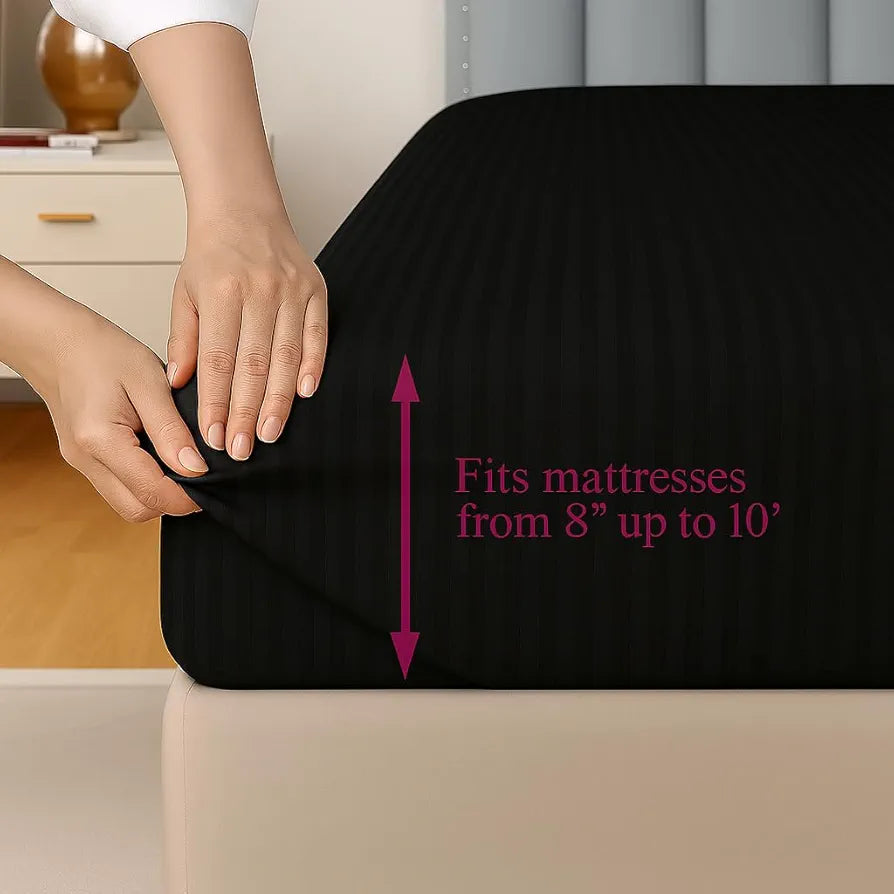 Trance Home Linen 100% Cotton 78x72 inch King Fitted 200TC Satin Stripe Elastic Fitted Bedsheet | Bedroom Hotels Daily Use Fitted Bedspread with 2 Pillow Covers 