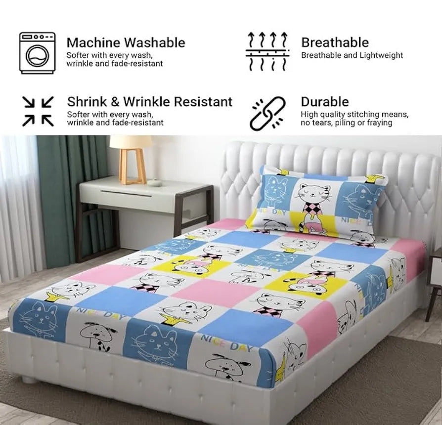 FRESH FROM LOOM Hypoallergenic Glace Cotton Kids Single Bedsheet-Rotary Printed,Wrinkle Free With 1 Pillow Covers,144 TC
