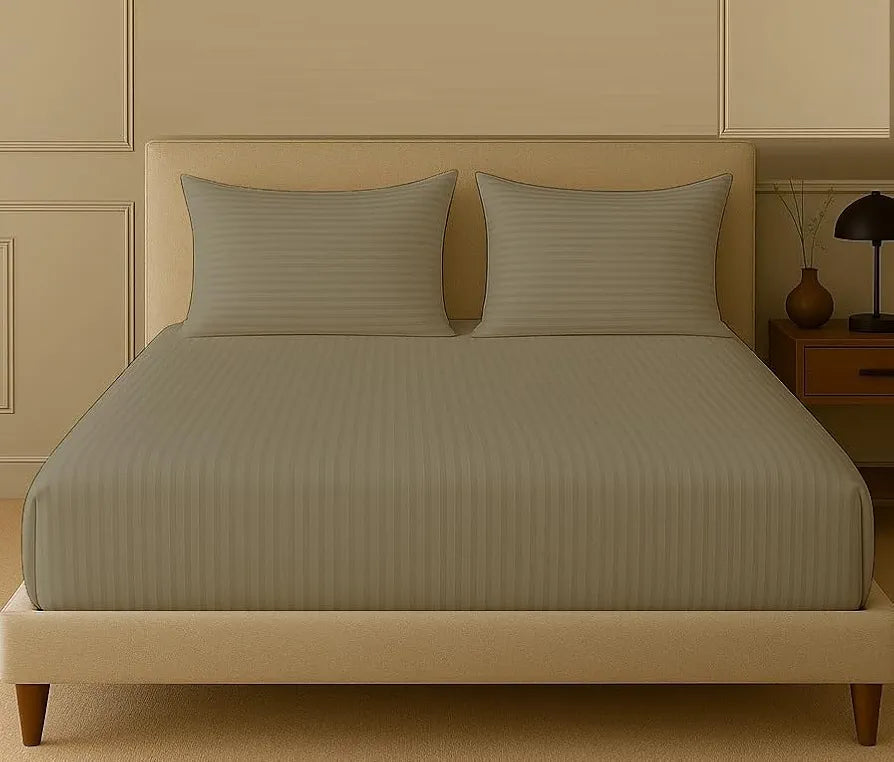 Trance Home Linen 100% Cotton 78x60 inch Queen Fitted 200TC Satin Stripe Elastic Fitted Bedsheet | Daily Use Double Bed Fitted Bedspread with 2 Pillow Covers 