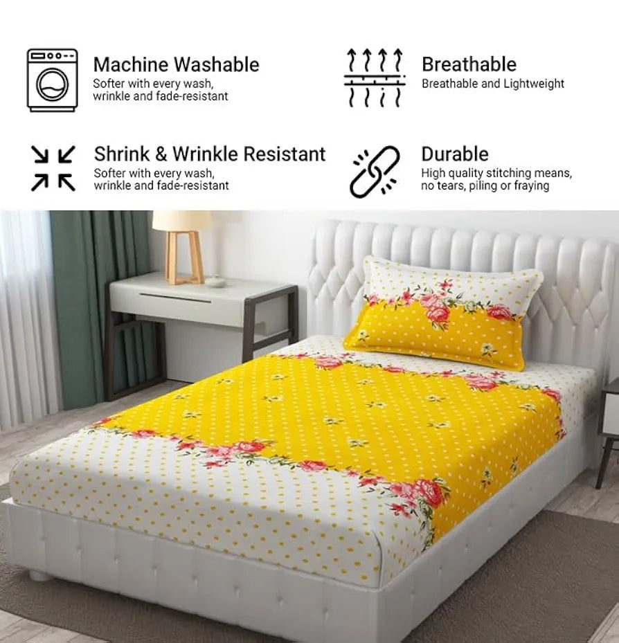 FRESH FROM LOOM Single Bedsheet Single Size - Microfiber Rotary Printed, Hypoallergenic, Wrinkle Free with 1 Pillow Covers , 144 TC