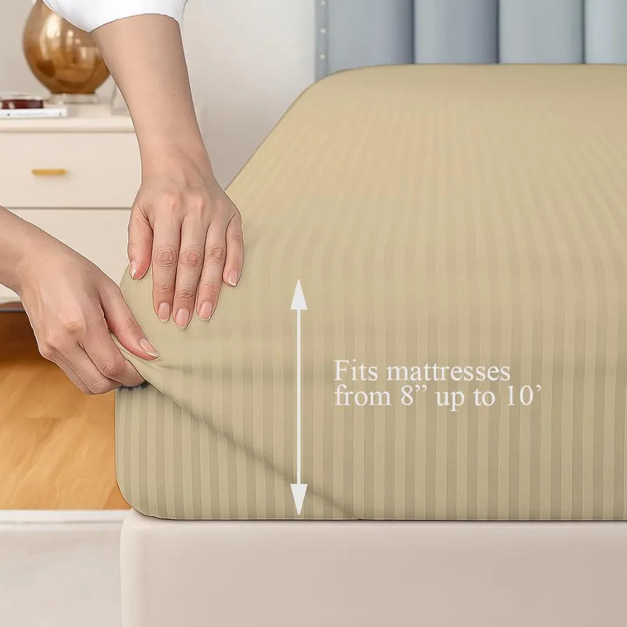 Trance Home Linen 100% Cotton 75x60 inch 200TC Satin Stripe Elastic Fitted Bedsheet | Daily Use Double Bed Fitted Bedspread with 2 Pillow Covers 