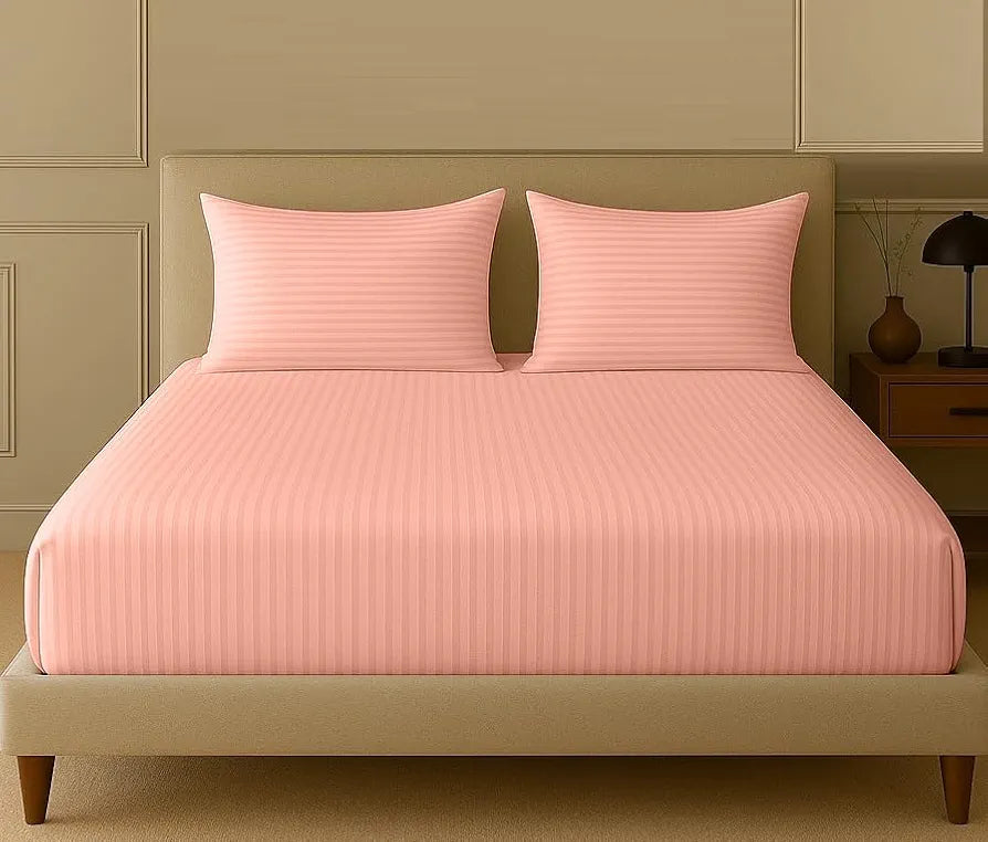 Trance Home Linen 100% Cotton 78x60 inch Queen Fitted 200TC Satin Stripe Elastic Fitted Bedsheet | Daily Use Double Bed Fitted Bedspread with 2 Pillow Covers 