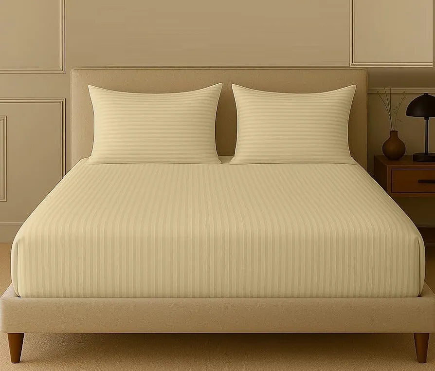 Trance Home Linen 100% Cotton 75x60 inch 200TC Satin Stripe Elastic Fitted Bedsheet | Daily Use Double Bed Fitted Bedspread with 2 Pillow Covers 