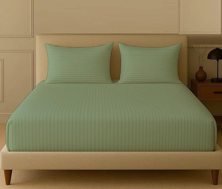 Trance Home Linen 100% Cotton 78x60 inch Queen Fitted 200TC Satin Stripe Elastic Fitted Bedsheet | Daily Use Double Bed Fitted Bedspread with 2 Pillow Covers 