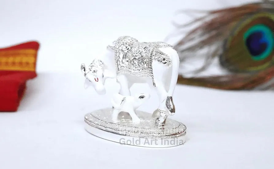 Gold Art India Kamdhenu Cow with Calf Idol White & Silver Plated Finish | Home Decor Gaay Bachda Cow |Calf for Vastu | Positive Energy | Wealth Idol Diwali Puja