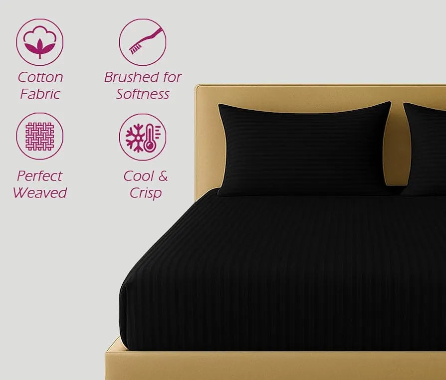 Trance Home Linen 100% Cotton 78x66 inch 200TC Satin Stripe Elastic Fitted Bedsheet | Daily Use Double Bed Fitted Bedspread with 2 Pillow Covers 