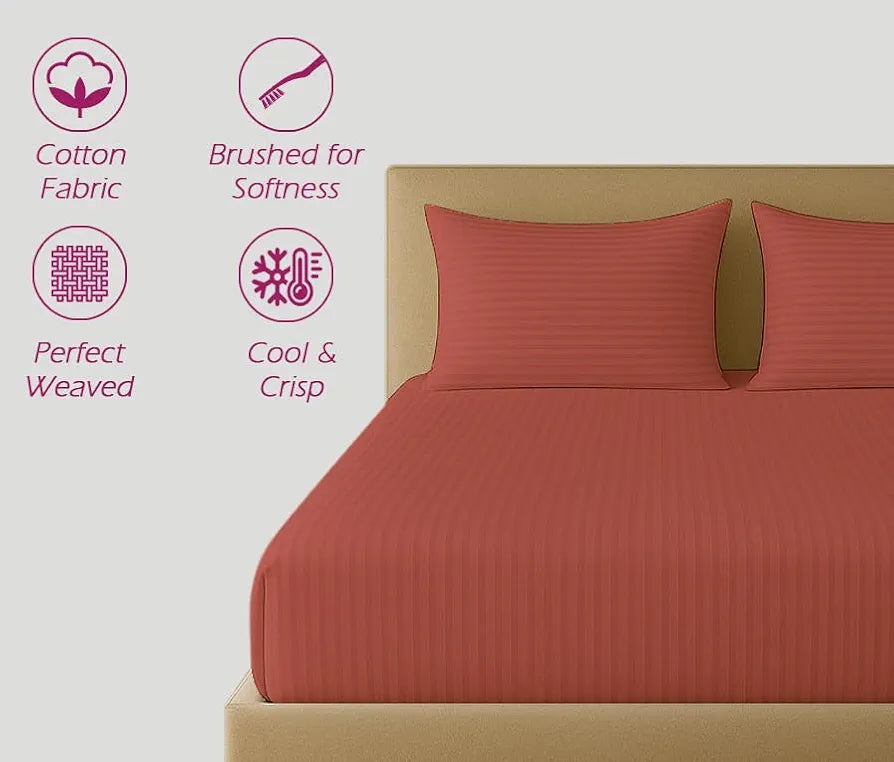 Trance Home Linen 100% Cotton 78x72 inch King Fitted 200TC Satin Stripe Elastic Fitted Bedsheet | Bedroom Hotels Daily Use Fitted Bedspread with 2 Pillow Covers 