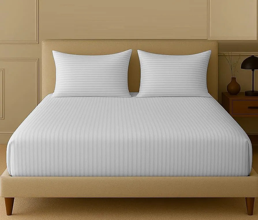 Trance Home Linen 100% Cotton 78x60 inch Queen Fitted 200TC Satin Stripe Elastic Fitted Bedsheet | Daily Use Double Bed Fitted Bedspread with 2 Pillow Covers 