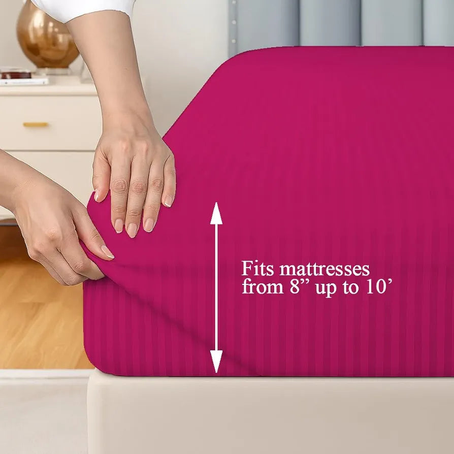 Trance Home Linen 100% Cotton 78x72 inch King Fitted 200TC Satin Stripe Elastic Fitted Bedsheet | Bedroom Hotels Daily Use Fitted Bedspread with 2 Pillow Covers 