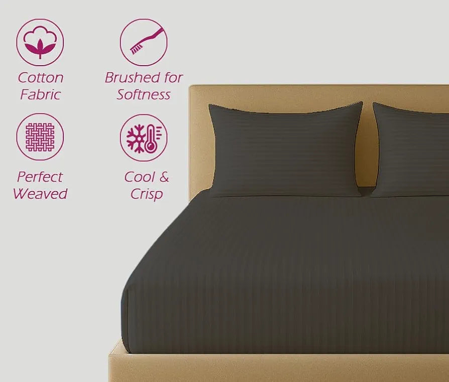 Trance Home Linen 100% Cotton 78x60 inch Queen Fitted 200TC Satin Stripe Elastic Fitted Bedsheet | Daily Use Double Bed Fitted Bedspread with 2 Pillow Covers 