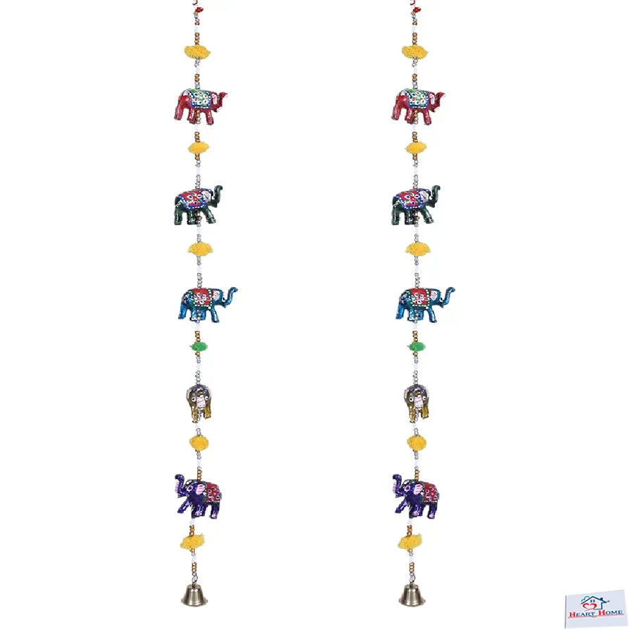 Heart Home Handcrafted Elephant Door Latkan with Bells|Rajasthani Traditional Hanging Windchimes Pair for Home Decoration 