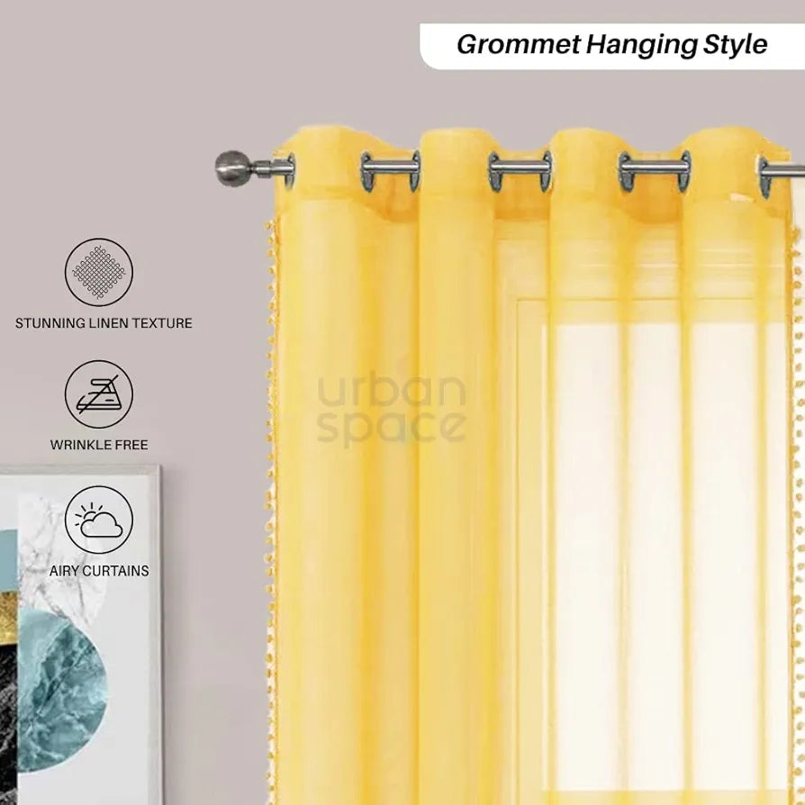 Urban Space Linen Textured Sheer Curtain for Door, 35-40% Room Darkening, Decorative Curtain with Tieback, Eyelets Hanging Style, Set of 2 Curtains - Yellow with pom pom 