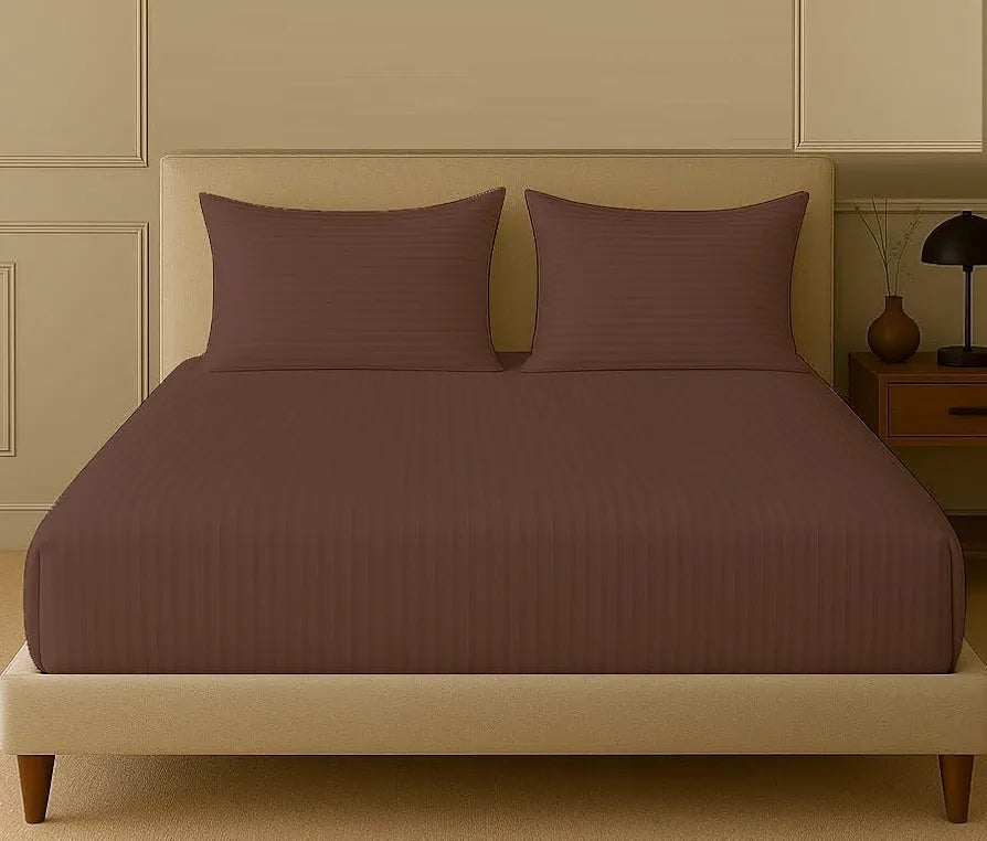 Trance Home Linen 100% Cotton 78x66 inch 200TC Satin Stripe Elastic Fitted Bedsheet | Daily Use Double Bed Fitted Bedspread with 2 Pillow Covers 