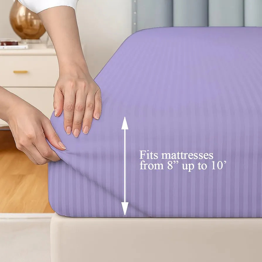 Trance Home Linen 100% Cotton 78x72 inch King Fitted 200TC Satin Stripe Elastic Fitted Bedsheet | Bedroom Hotels Daily Use Fitted Bedspread with 2 Pillow Covers 