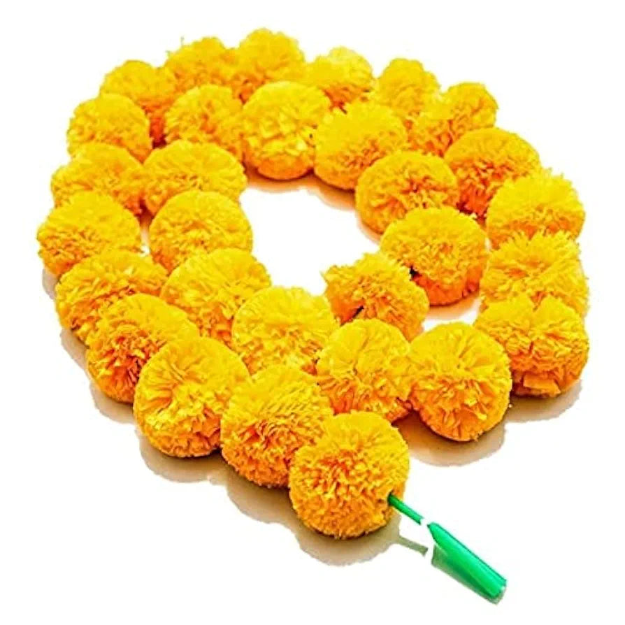 Abhaas Artificial Marigold Flowers for Decoration Long Marigold Garlands for Decoration Toran Indian genda phool for Wedding & Festival |4.8 Feet Long |Yellow | 5 Strings