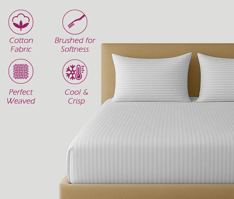Trance Home Linen 100% Cotton 78x66 inch 200TC Satin Stripe Elastic Fitted Bedsheet | Daily Use Double Bed Fitted Bedspread with 2 Pillow Covers 