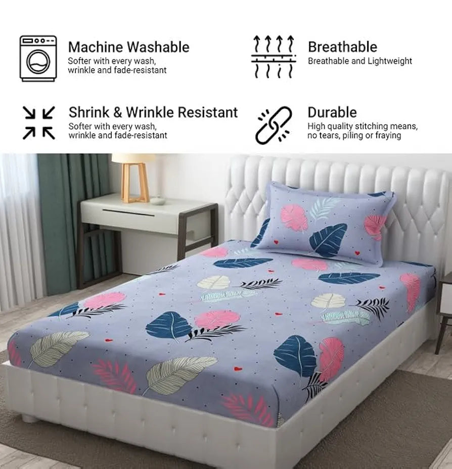 FRESH FROM LOOM Floral Microfiber Single Size Single Bedsheet - Hypoallergenic Wrinkle Free Bed Sheets with 1 Pillow Covers , 144 TC