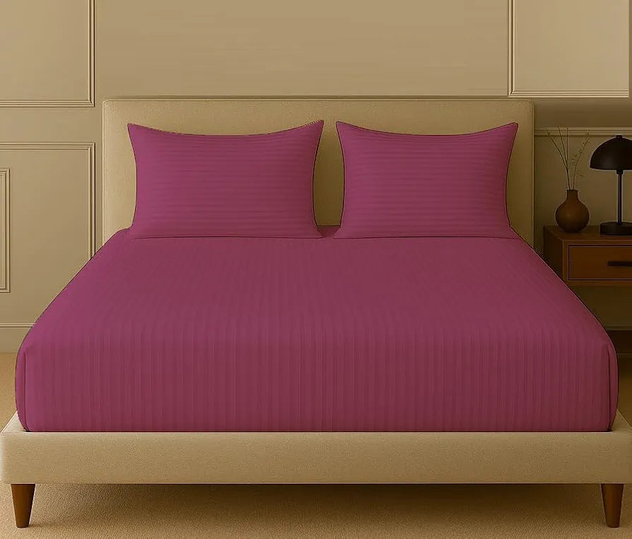 Trance Home Linen 100% Cotton 78x60 inch Queen Fitted 200TC Satin Stripe Elastic Fitted Bedsheet | Daily Use Double Bed Fitted Bedspread with 2 Pillow Covers 