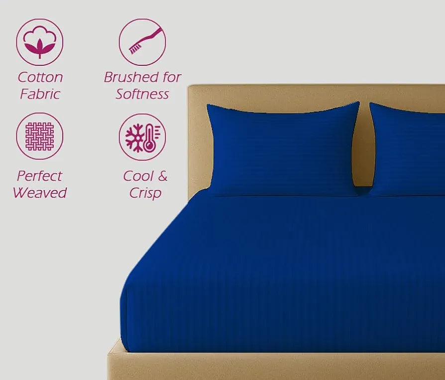 Trance Home Linen 100% Cotton 78x60 inch Queen Fitted 200TC Satin Stripe Elastic Fitted Bedsheet | Daily Use Double Bed Fitted Bedspread with 2 Pillow Covers 