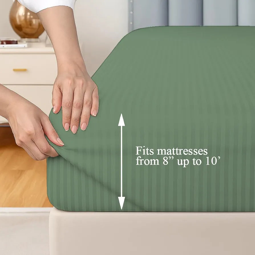 Trance Home Linen 100% Cotton 78x60 inch Queen Fitted 200TC Satin Stripe Elastic Fitted Bedsheet | Daily Use Double Bed Fitted Bedspread with 2 Pillow Covers 