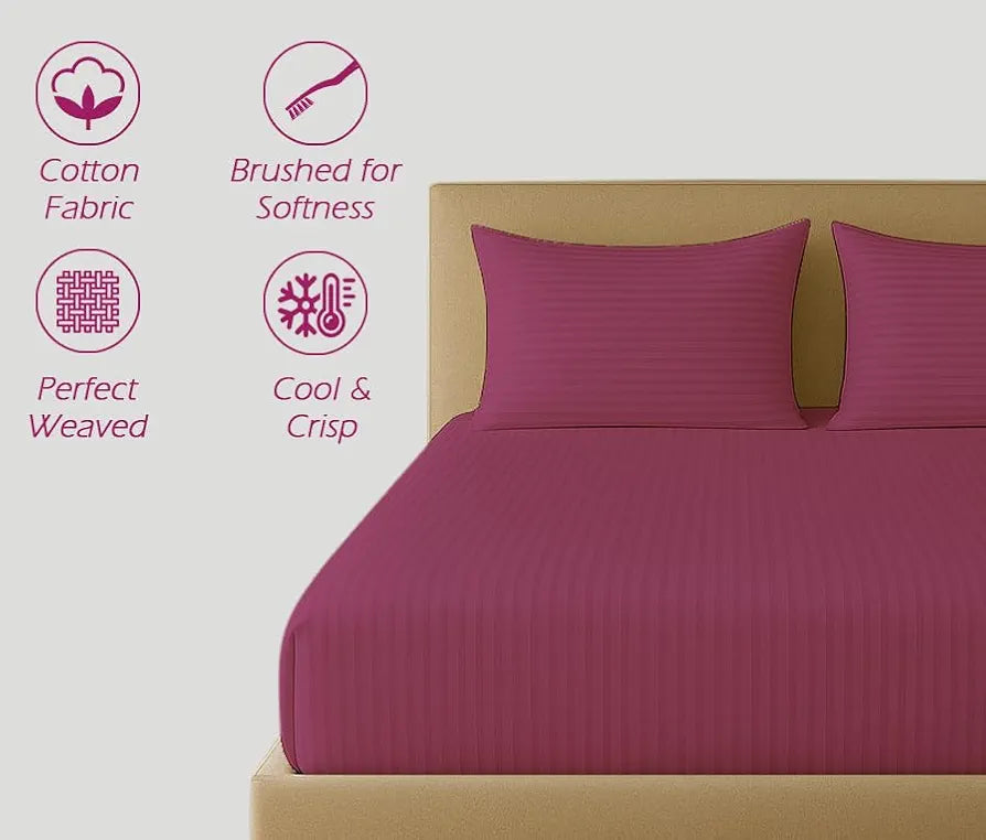 Trance Home Linen 100% Cotton 78x60 inch Queen Fitted 200TC Satin Stripe Elastic Fitted Bedsheet | Daily Use Double Bed Fitted Bedspread with 2 Pillow Covers 